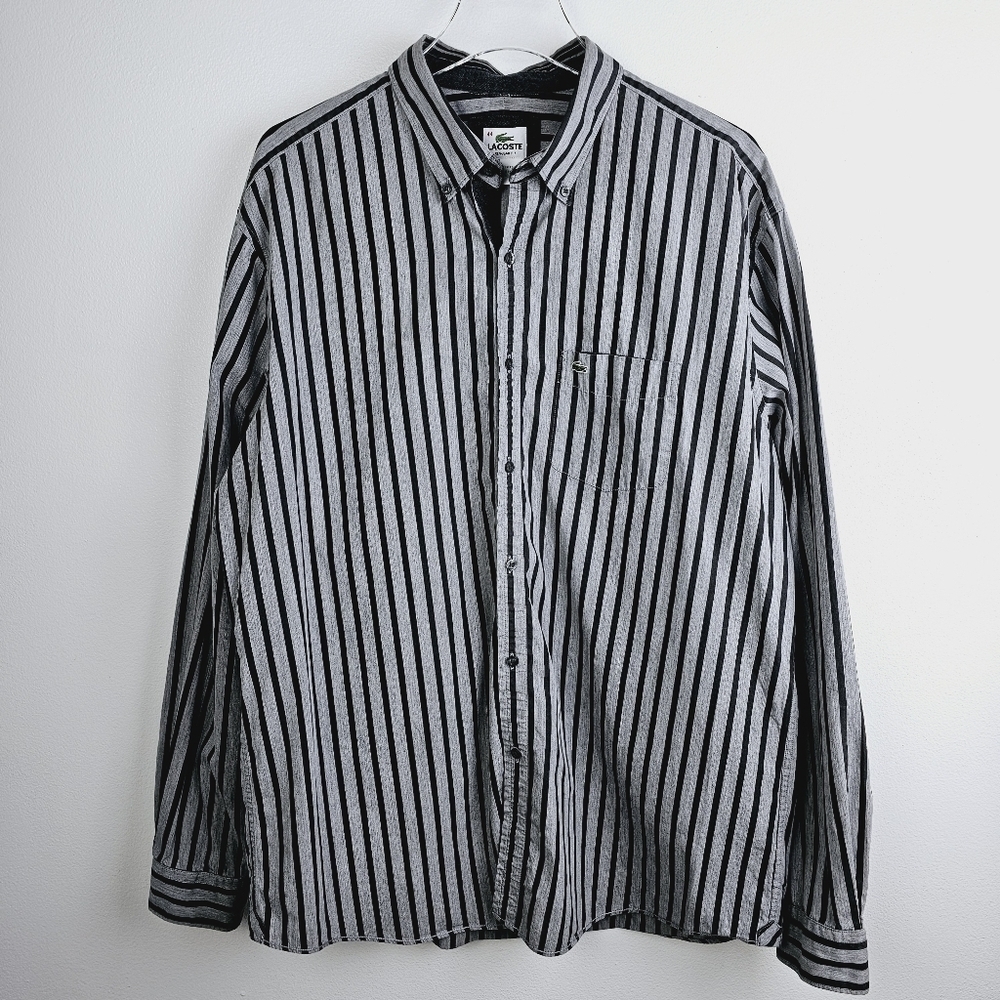 Lacoste Men's Gray Striped Button Front Long Sleeve Shirt, size 44